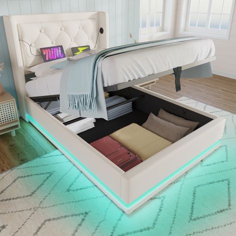 Lit simple 90x200cm tête de lit capitonnée ports USB rangement hydraulique et revêtement PU blanc (Sans matelas) (1/5)