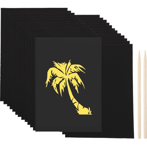 20 feuilles de papier à gratter A4 avec 2 bâtons en bois, revêtement noir, planche à gratter pour peinture, artisanat d'art, 21x29 cm, or (1/5)