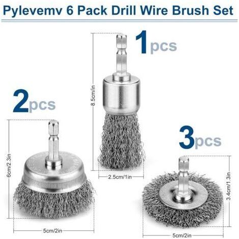 Lot de 6 brosses métalliques professionnelles en acier au carbone pour perceuse, brosses coupelles pour le nettoyage de la rouille, accessoires de perceuse avec tige hexagonale de 6,35 mm.