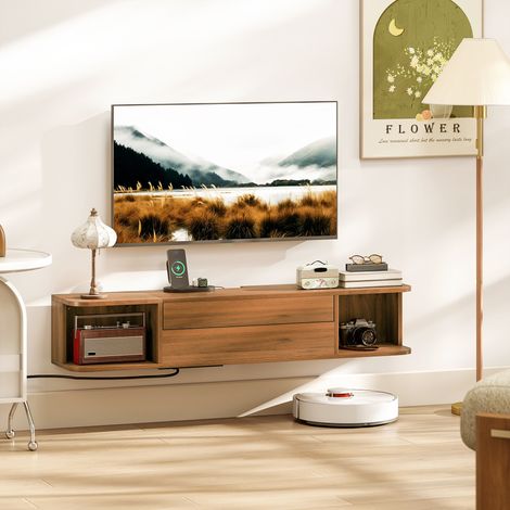 Finition noyer - Armoire TV murale pour écran jusqu’à 50 pouces, prises secteur, USB et Type-C, tiroir coulissant et passages câbles, 4 cm