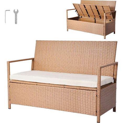 VEVOR Panca Portaoggetti da Esterno, Panca Portaoggetti in Rattan PE per 2 Persone, Contenitore con Cuscino Maniglia Laterale, Supporto max 120 kg, Seduta da Giardino Decorazione Esterna per Balcone (1/5)