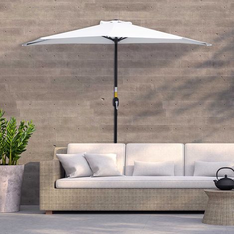 Ombrellone da Terrazza a Mezzaluna con Apertura a Manovella e Palo a 2 Sezioni, 2.6x1.35 m, Bianco