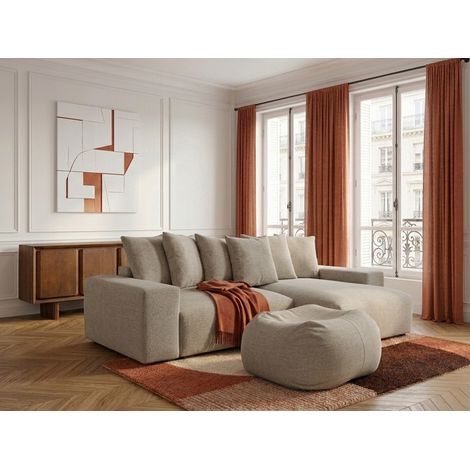 BOBOCHIC - Canapé d'angle fixe réversible VOLTAIRE tissu chiné avec pouf   Taupe (1/5)