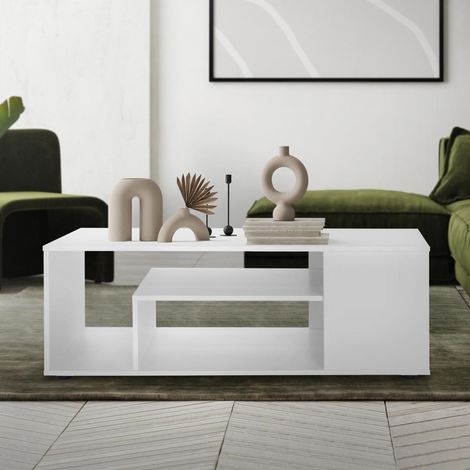 ML-Design Mesa de Centro Blanca 110x50x41 cm Aglomerado Revestido Mesita de Café Rectangular Moderna Mueble Auxiliar Versátil con 4 Estantes en 3 Niveles Mesa con Mucho Espacio de Almacenamiento (1/5)