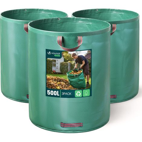 VOUNOT 500L Large Garden Waste Bags with Handles, Green, 3pcs