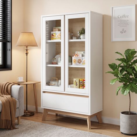Aparador de almacenamiento de 80x40x150 cm con estantes ajustables y cajón, efecto madera blanca, para cocina y salón. (1/5)