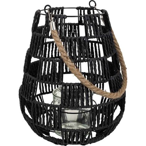Farol portavelas de metal y cuerda de papel negro d25x30 (1/5)