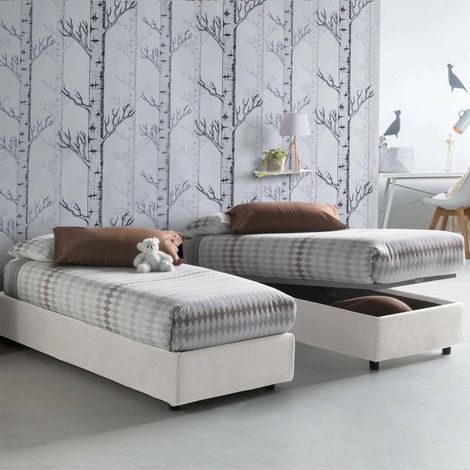 Dmora - Einzelbett Dgalle, Containerbett mit Stoffbespannung, 100% Made in Italy, Frontöffnung, passend für Matratze Cm 90x200, Weiß (1/5)