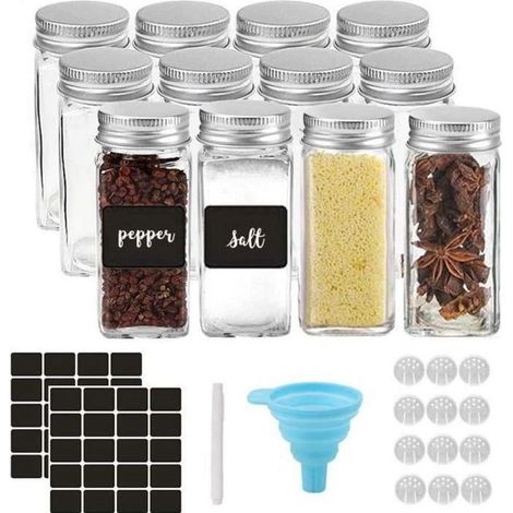 Lot de 12 Bocaux à Épices en Verre Carré avec Couvercle à Visser, Pot de Rangement 120ml avec Etiquettes, Entonnoir, Marqueur pour (1/4)
