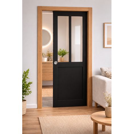 Porte Coulissante Atelier Noir H204 X L63 Cm, Galandage, Kit Finition (coquille Et Tire Doigt) Gd Menuiseries