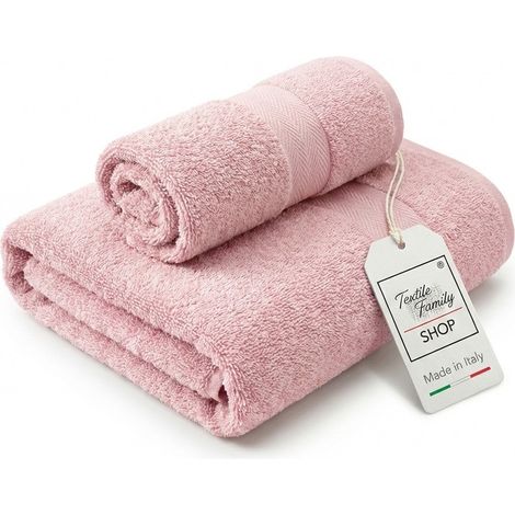 Coppia Asciugamani Viso e Ospite Rosa - Spugna 100% Cotone 450 g/m² Made in Italy (1/5)