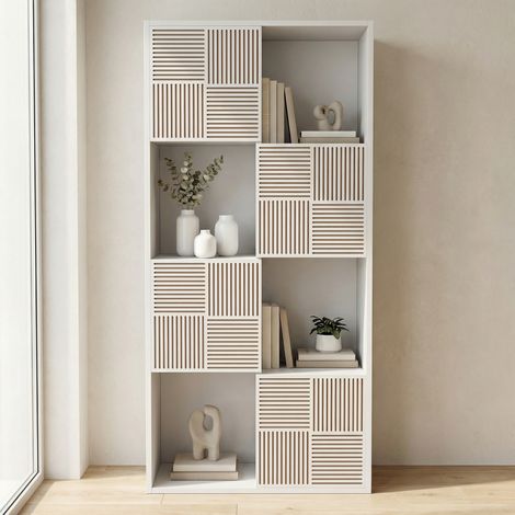 Bibliothèque, vitrine bois, meuble de rangement modulable pour salon et bureau, 8 casiers, portes à lattes, 125x60x30cm, Blanc