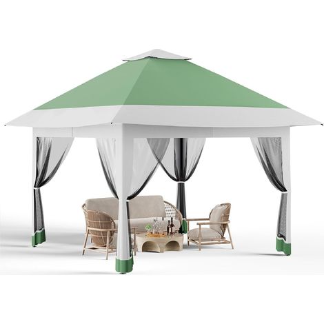 tonnelle pop-up double toit 396x396 cm étanche anti UV moustiquaire vert olive gris chiné terrasse jardin pelouse (1/5)