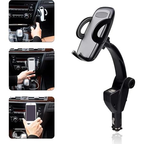 Support de téléphone de voiture et chargeur de voiture double USB combinés en un seul produit, avec un support de montage réglable et un support universel pour feu de position fumé de voiture à 360° ( (1/4)