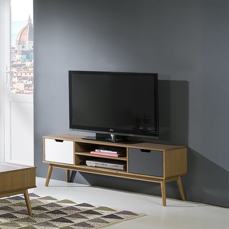 Meuble TV 2 portes 2 niches en pin naturel, gris et blanc - JIZER (1/5)