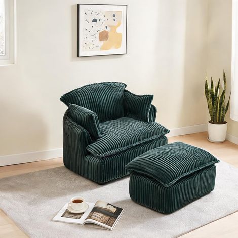 Canapé-lit convertible en tissu côtelé vert avec pouf (1/5)