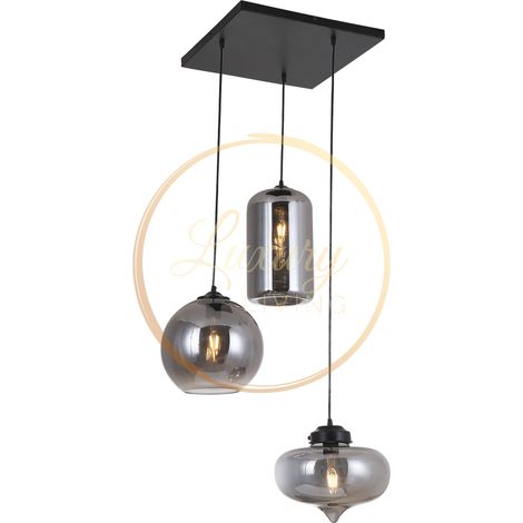 Suspension 3 Lumières en Verre Fumé Foncé, Plaque 40x40 cm et Câbles Réglables 120 cm - PANGIVO