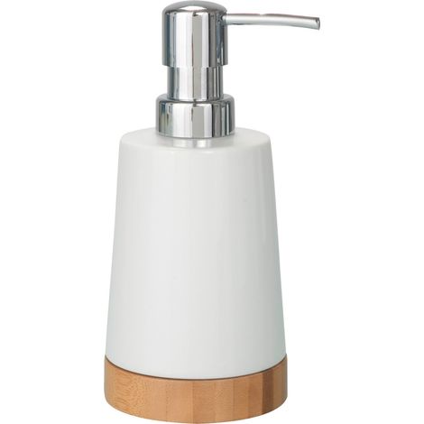 WENKO Seifenspender Bamboo Keramik, 330 ml, Weiß, Keramik weiß, Bambus