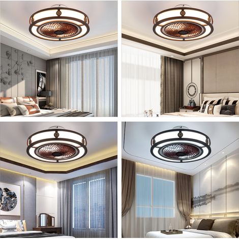 Ventilateurs de plafond LED ronds marron avec éclairage, ventilateur de plafond à profil bas avec grille de protection et télécommande, intensité réglable/vitesse du vent/minuterie pour bureau, chambr (1/5)