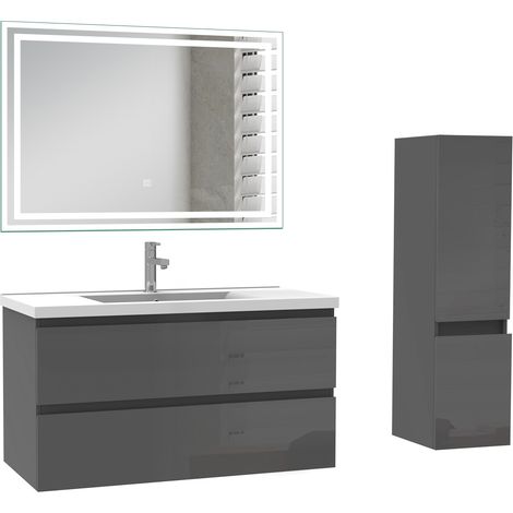 Ocean Ensemble de Meuble salle de bain 99cm avec 2 Tiroirs, miroir led + colonne 110cm, meuble Anthracite Haut Brillant