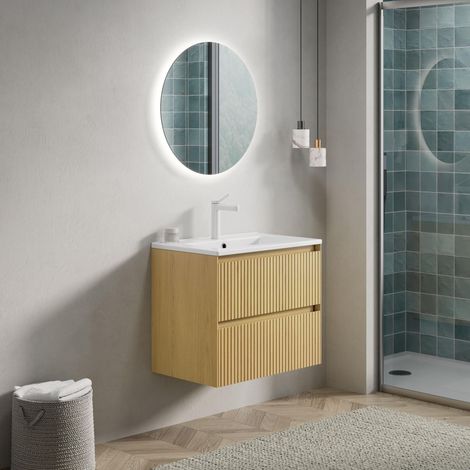 Badezimmer-Hängeschrank 61x39x51,5 cm, Waschtischunterschrank mit Keramikbecken und 2 geriffelten Schubladen, Sperrholz und Keramik, Natur