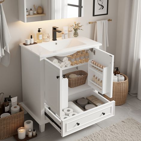 URBAN MEUBLE Meuble vasque blanc laqué sur pied, vasque en céramique, tiroir silencieux et rangement (robinet non inclus) (1/5)