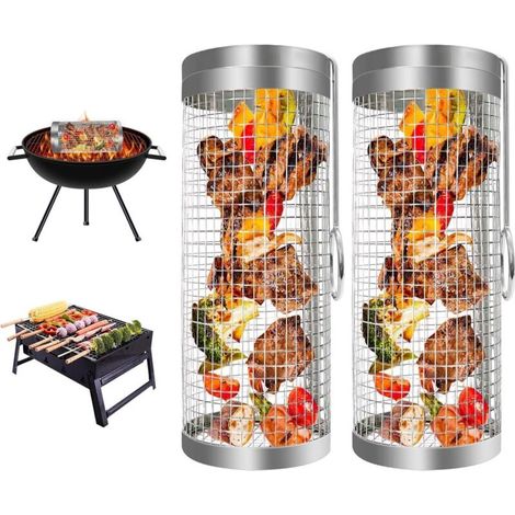 Accessoires pour barbecue - Panier à griller à roulettes, 2 pièces, cylindrique, acier inoxydable, idéal pour le camping et les activités de plein air - AquaForge (1/5)