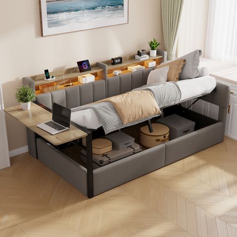 Lit banquette 90x200 cm avec rangement hydraulique, lit coffre avec LED, table pliante, chevets interchangeables et USB, sans matelas, velours, gris (1/5)