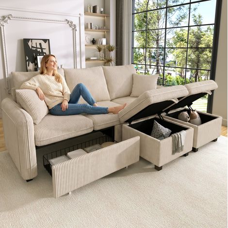 Canapé 3 places de pana beige convertible con almacenaje y 2 pufs, modular (1/5)