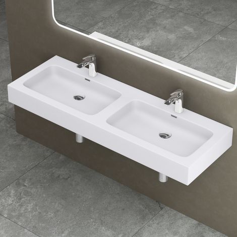 doporro Double Lavabo à Poser Blanc Mat 141cm Vasque pour 2 Lave Mains pour Salle de Bains 141x48x13 Colossum830