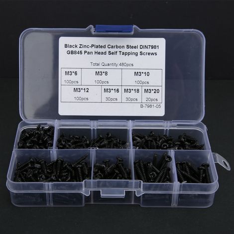 Vis M3 tête ronde frappante, lot de 480 pièces en acier carbone, vis autotaraudeuses noires nickelées, quincaillerie de fixation, usage général, finition robuste (1/3)