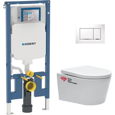 Pack WC Bati-support Geberit + WC Swiss Aqua Technologies sans bride + abattant SoftClose + plaque blanche (SLIM-SATrimless-H)