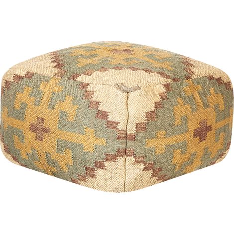 Puf de yute verde claro beige marrón amarillo 50 x 50 cm oriental kilim Saron (1/5)