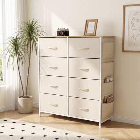 Commode en tissu beige avec 8 tiroirs, 4 poches latérales, 2 crochets et structure en acier (1/5)