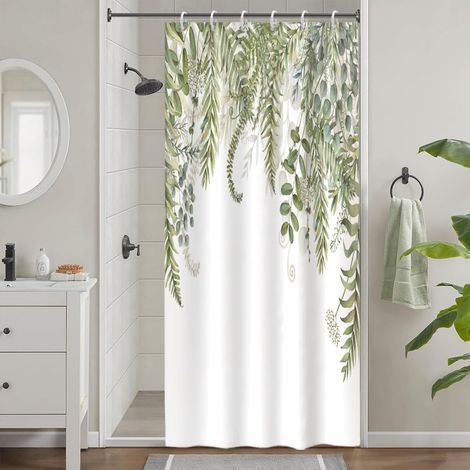 Anti-mold shower curtain, 90x180cm narrow, washable fabric, sage green with eucalyptus leaves, waterproof plant-themed bath curtain with 6 hooks (1/5)