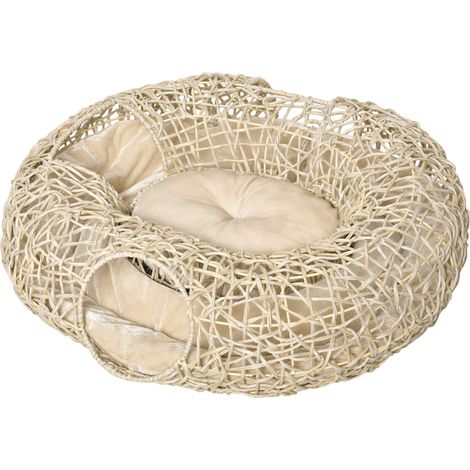 Ratán Katzenbett 78x69x22 cm, rollbarer Katzenkorb mit weichem Kissen, 3 Zugangsöffnungen und Katzentunnel, Naturholz
