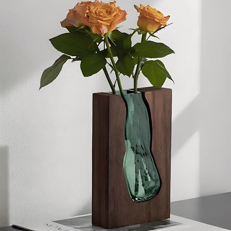 Vase à fleurs moderne en verre fait à la main, rectangulaire, avec socle en bois, pour décoration de maison, bureau, cadeau pour mariage, pendaison de crémaillère, hauteur 24 cm (1/5)