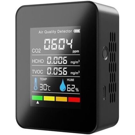 Moniteur de qualité de l'air Détecteur de CO2 d'intérieur 5 en 1 Testeur de formaldéhyde HCHO TVOC Testeur LCD de température et d'humidité Compteur d'alarme CO2 rechargeable pour chambre Bureau Serre