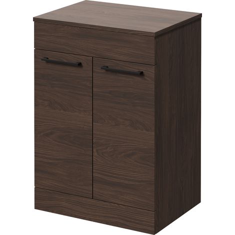 Napoli 460 Brown Oak 600mm 2 Door Vanity Unit for Countertop Basins - 600mm - Matt Black 160mm Handle