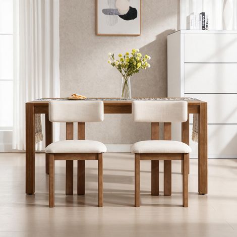 Wahson Lot de 2 chaises de salle à manger en lin beige – Dossier incurvé et coussin rembourré – Pieds en bois massif – Confort optimal pour salon et cuisine, Beige