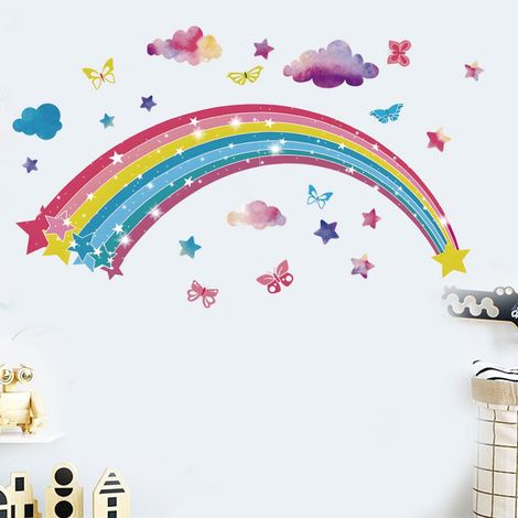 Lot de 2 stickers muraux arc-en-ciel papillon PVC, déco chambre enfant, autocollant dessin animé graffiti, adhésif mural coloré (1/4)