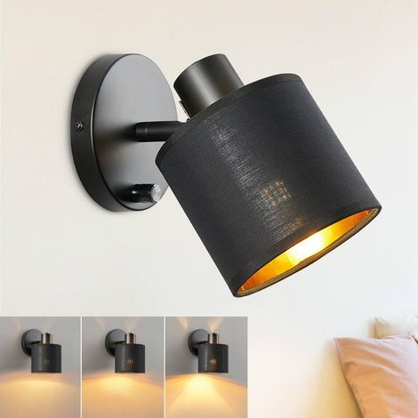 Applique Murale Chambre avec Interrupteur Dimmable Noir E27 Abat-jour en Tissu, Industrielle Vintage, Lampe de Chevet Intérieur, Vintage Salon, 40W Max, Ampoule non Incluse (1/5)