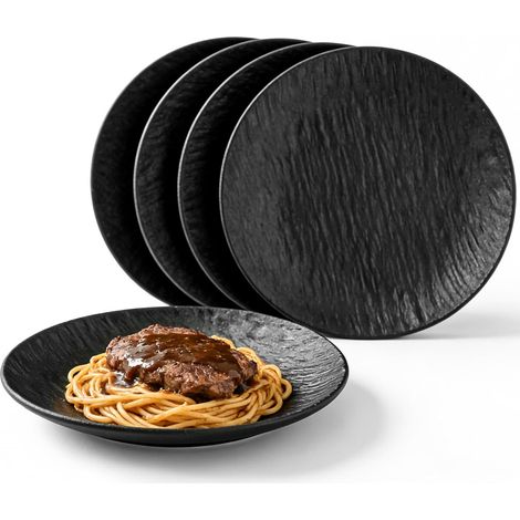 Lot de 4 assiettes plates en mélamine noire - Diamètre : 20,2 x 2,2 cm - Réutilisables - Pour jardin, pique-nique, camping, déjeuner, dîner