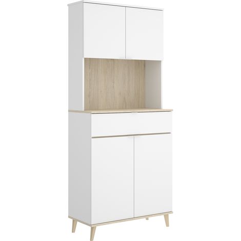 Armoire buffet de cuisine à 4 portes, 1 tiroir et 1 niche centrale, coloris blanc/naturel - Hauteur 191 x Longueur 60 x Profondeur 40 cm (1/5)