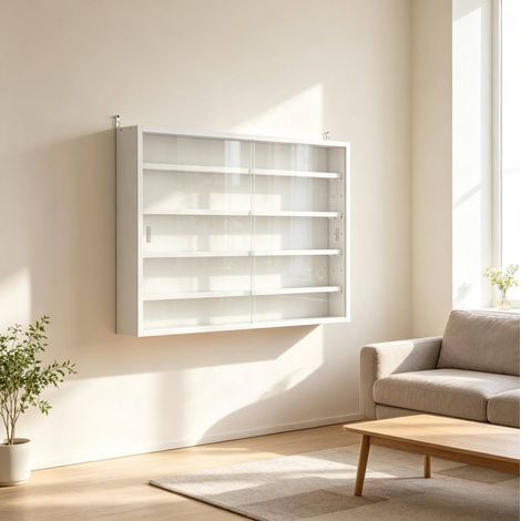 Vitrine murale 80x9,5x60 cm en bois et verre blanc, étagères réglables pour salon FloraGrace (1/5)