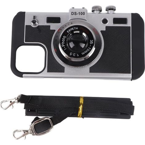 Retro 3D Kamera-Handyhülle für iPhone 12/12 Pro, mit abnehmbarem Trageband, schwarz, für Frauen und Mädchen. (1/5)