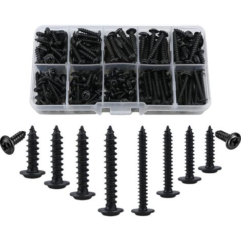 Lot de 280 vis autotaraudeuses M3,M4 en métal avec rondelles,kit d'assortiment de vis à bois à tête cylindrique cruciforme(8/10/12/16/20/25mm),fixations à vis rondes à tête fraisée(noir) (1/5)