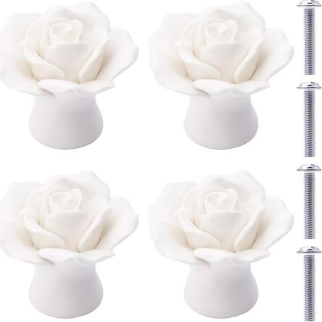 Boutons en Céramique 4 Pièces Boutons de Tiroir en Céramique Fleur de Fleur Ros Boutons de Meubles Rose en Porcelaine pour Tiroirs Armoires Portes de Placard (Blanc) (1/5)
