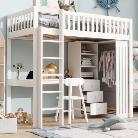 Cama alta juvenil con escritorio y armario blanco OKMYHOME (1/5)