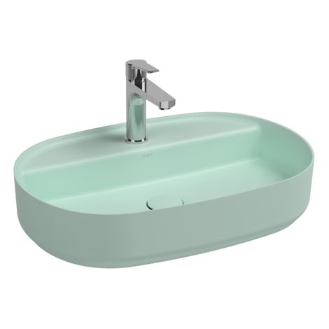 Lavabo ovale da appoggio senza troppo pieno in ceramica con foro rubinetto - Menta Opaco (1/2)